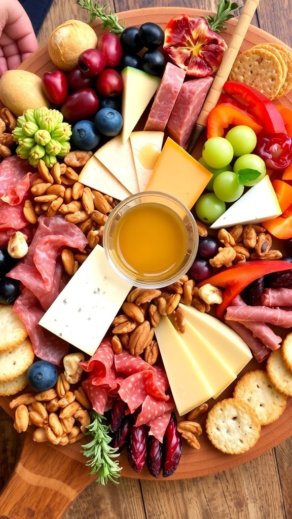 Cozy Corner Snack Platter Recipe A colorful snack platter with cheeses, meats, fruits, and nuts on a wooden board.